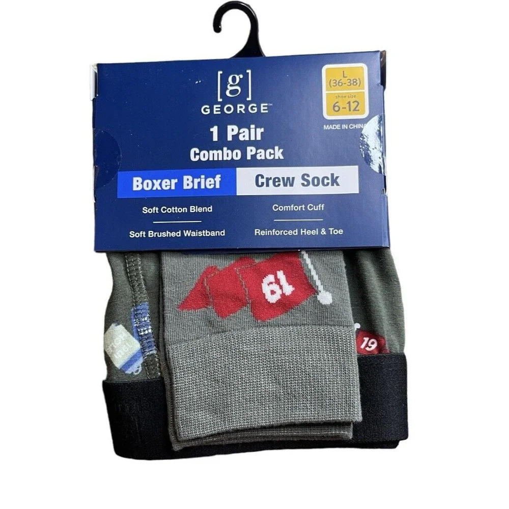 George Large Boxer Brief Crew Sock‎ Combo Pack Golf Theme Green Stocking Gift